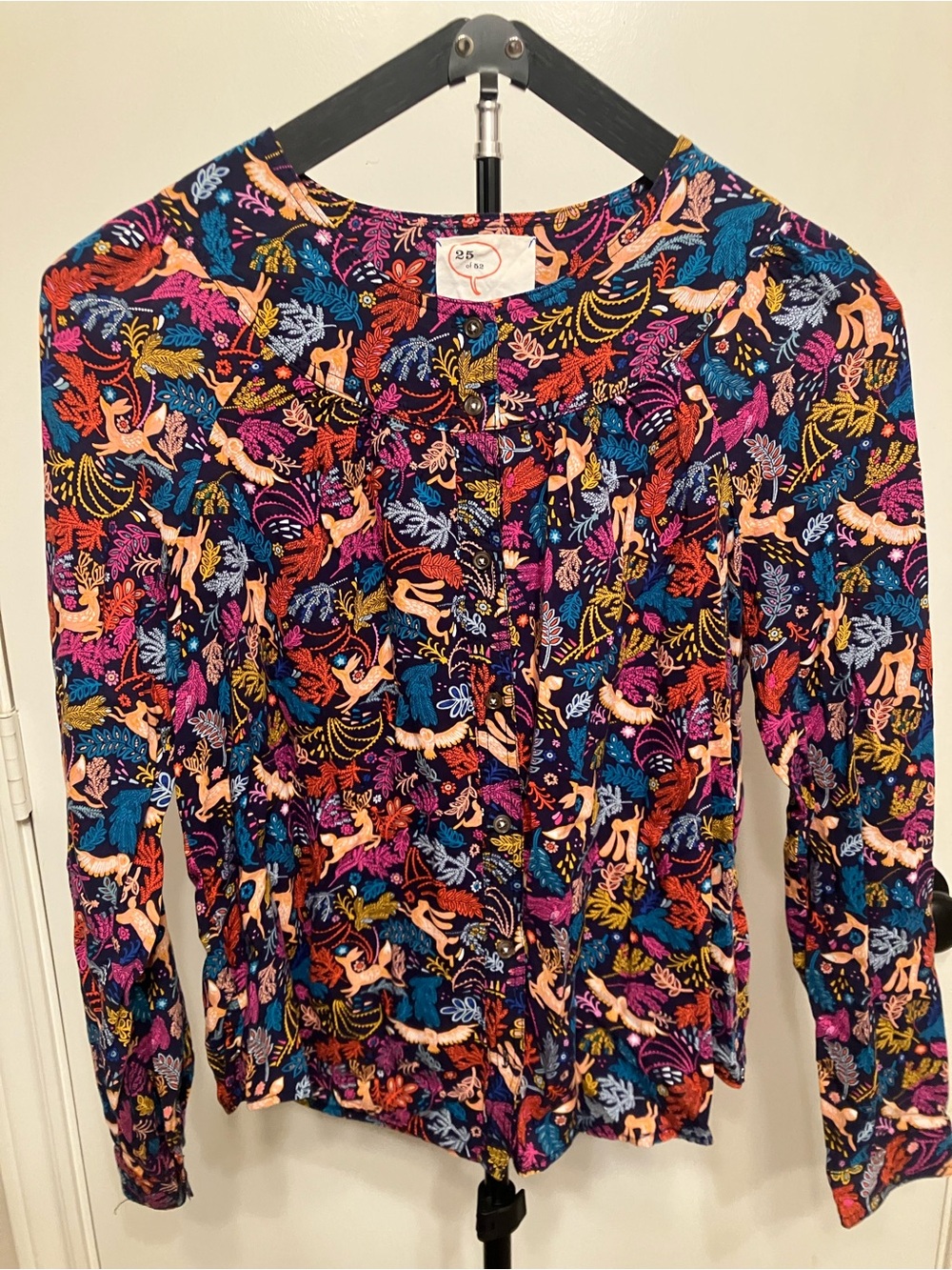 Anthropologie 25 of 52 Conversations Oh Deer Woodland Print Blouse Shirt Size 6